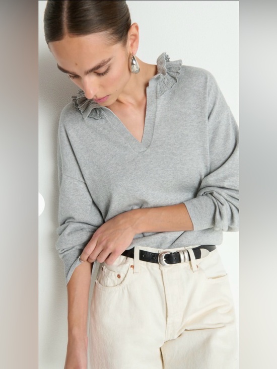 Nation LTD Sweaters - Nation LTD Light Gray Winona Ruffle V-Neck Sweater